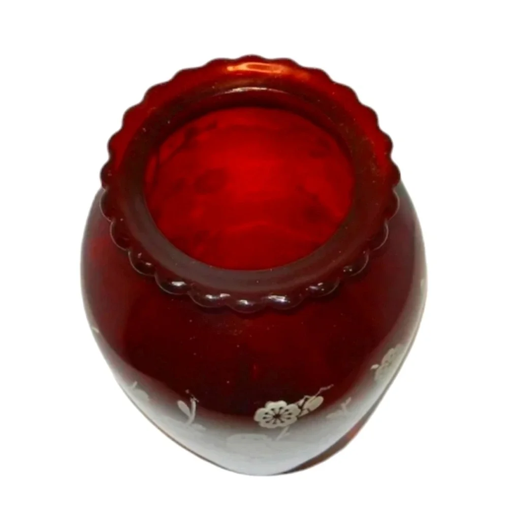 Anchor Hocking Ruby Red Glass Etched Vase Birds Cherry Blossom‎ Scalloped Rim